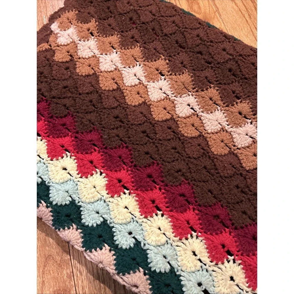Vtg Multicolor Crocheted Knit‎ Afghan Blanket Couch Throw Rustic Cabincore